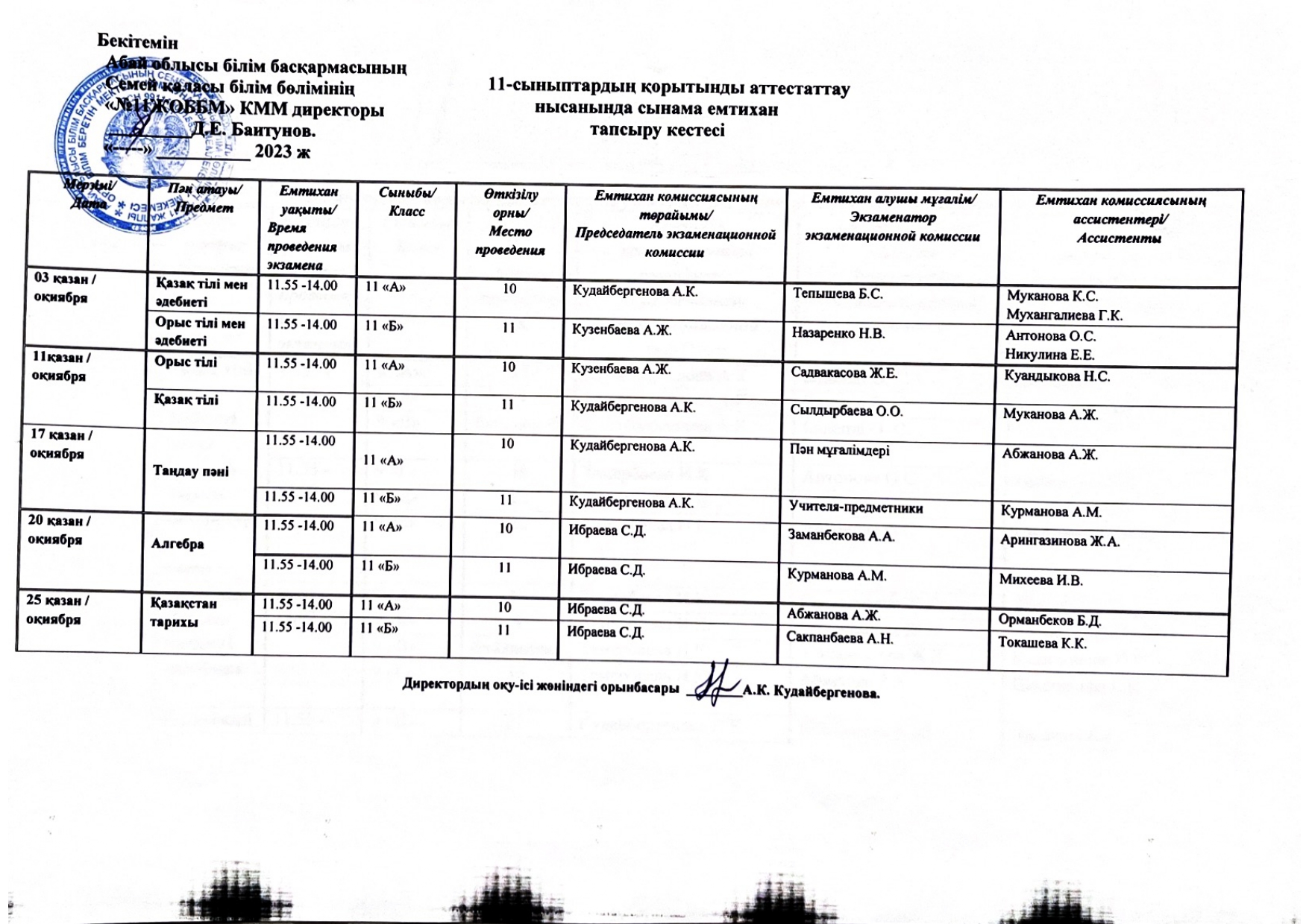 11 сыныптардың қорытынды аттестаттау нысанында сынама естихан тапсыру кестесі