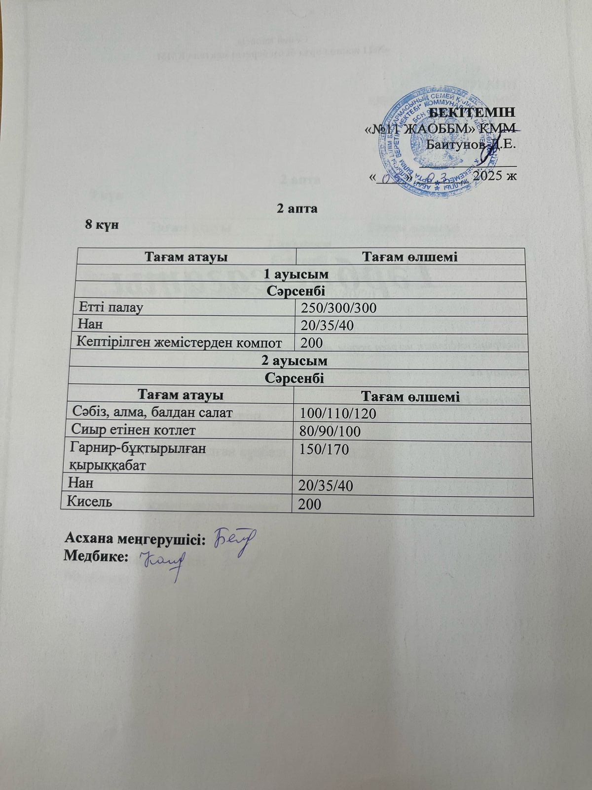 Сәрсенбілік ас мәзірі