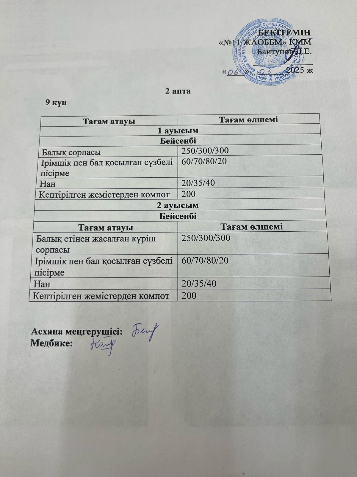 Бейсенбілік ас мәзірі