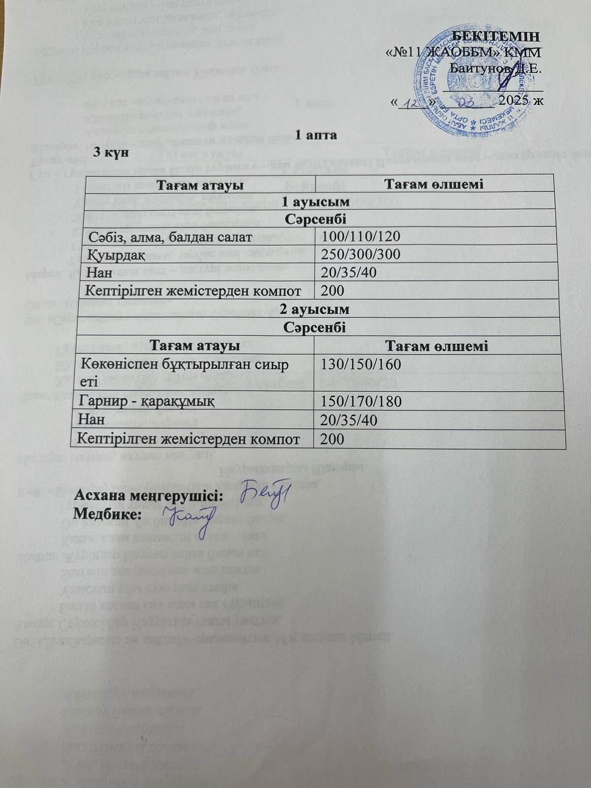 Сәрсенбілік ас мәзірі