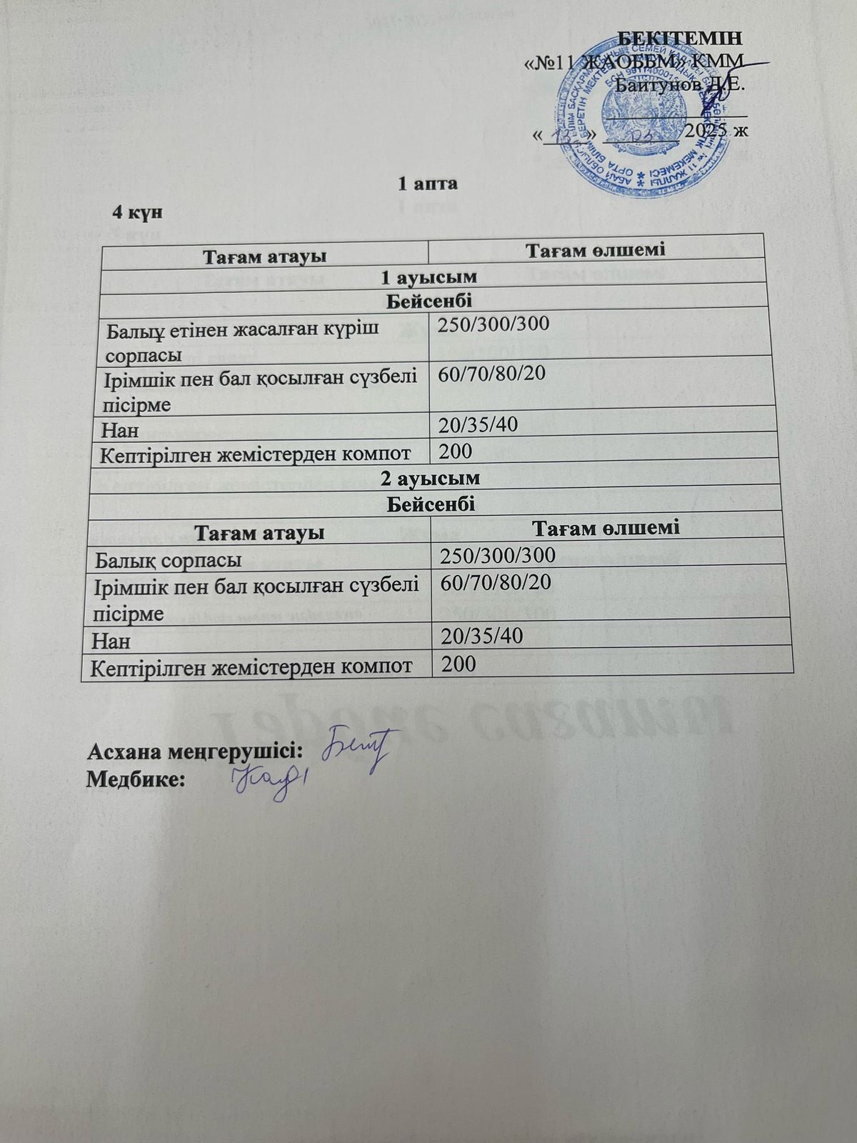 Бейсенбілік ас мәзірі