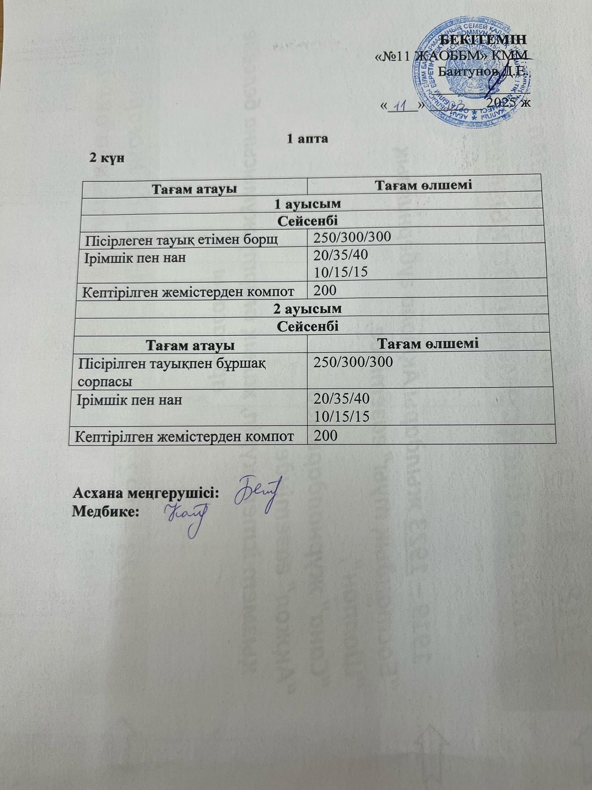 Сейсенбілік ас мәзірі