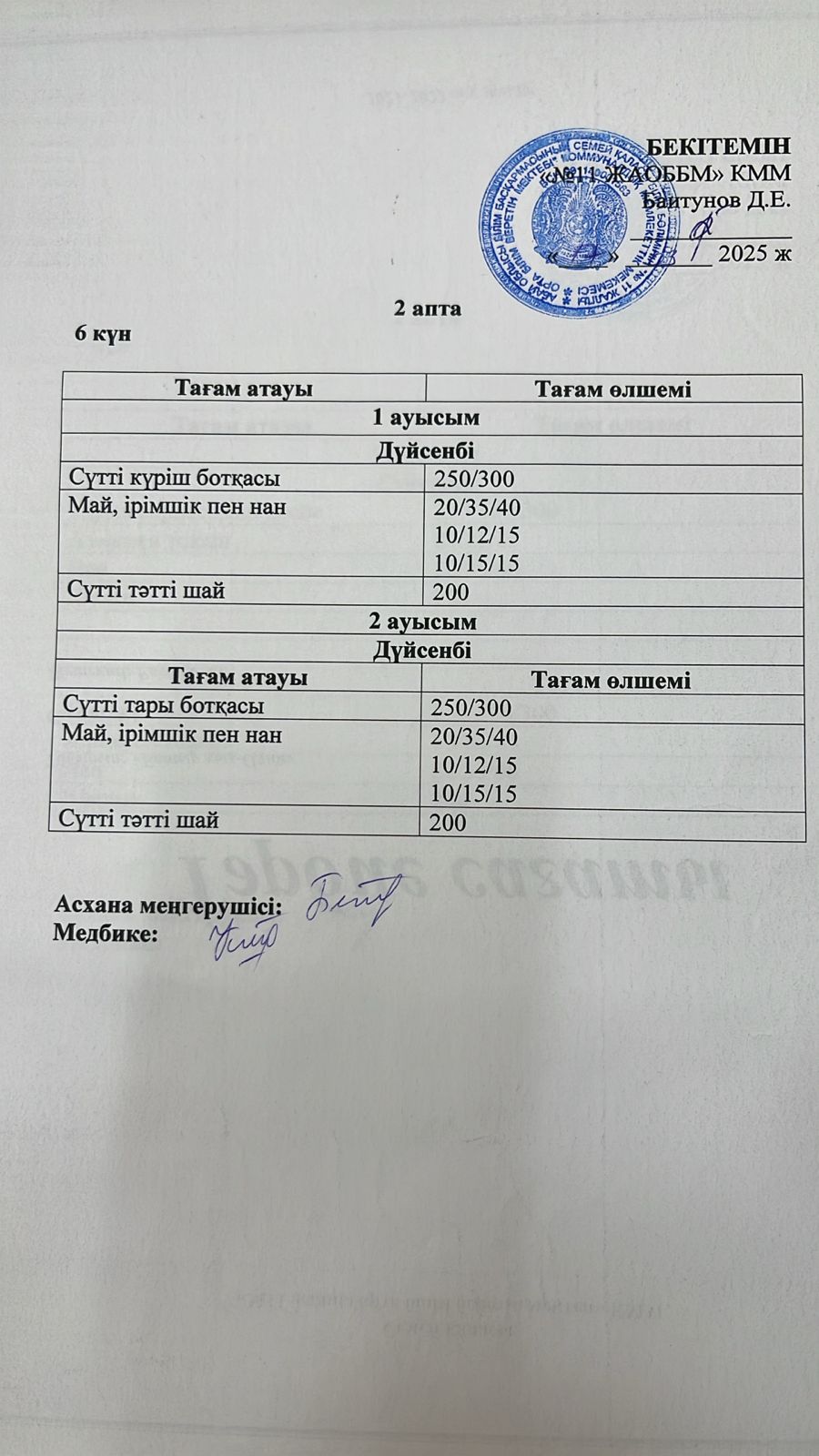 Дүйсенбілік ас мәзірі