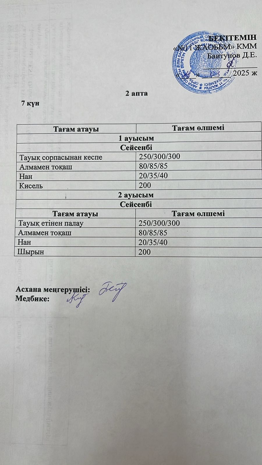 Сейсенбілік ас мәзірі