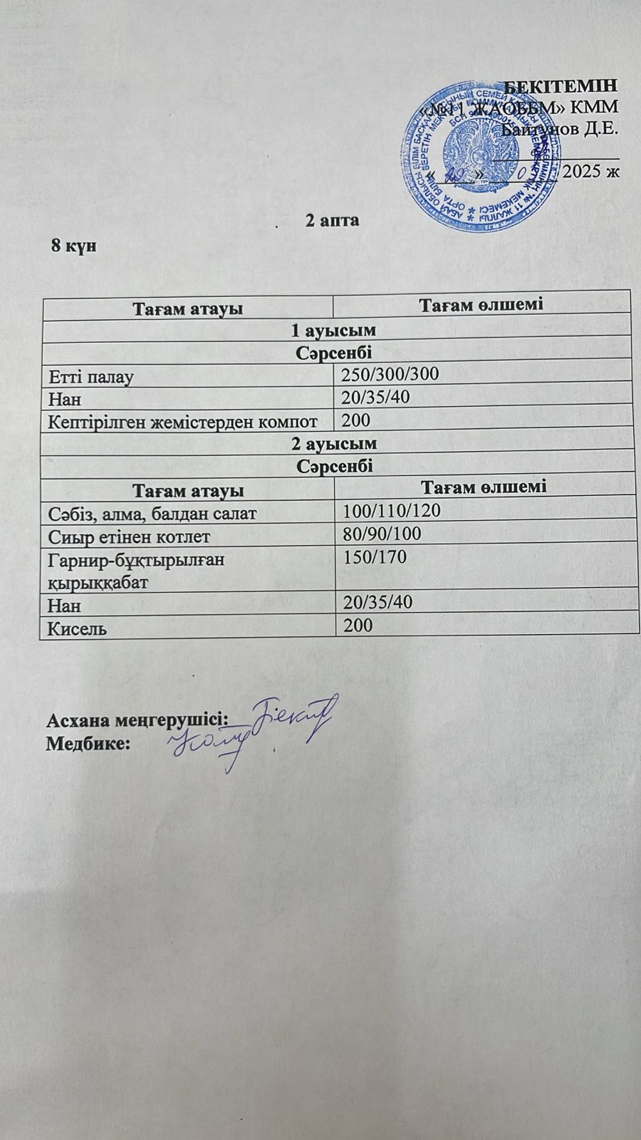 Бейсенбілік ас мәзірі