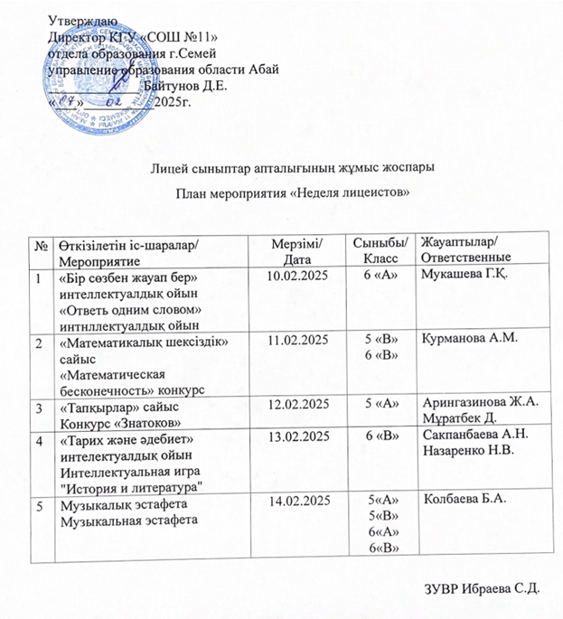 Лицей сыныптар апталығының жұмыс жоспары