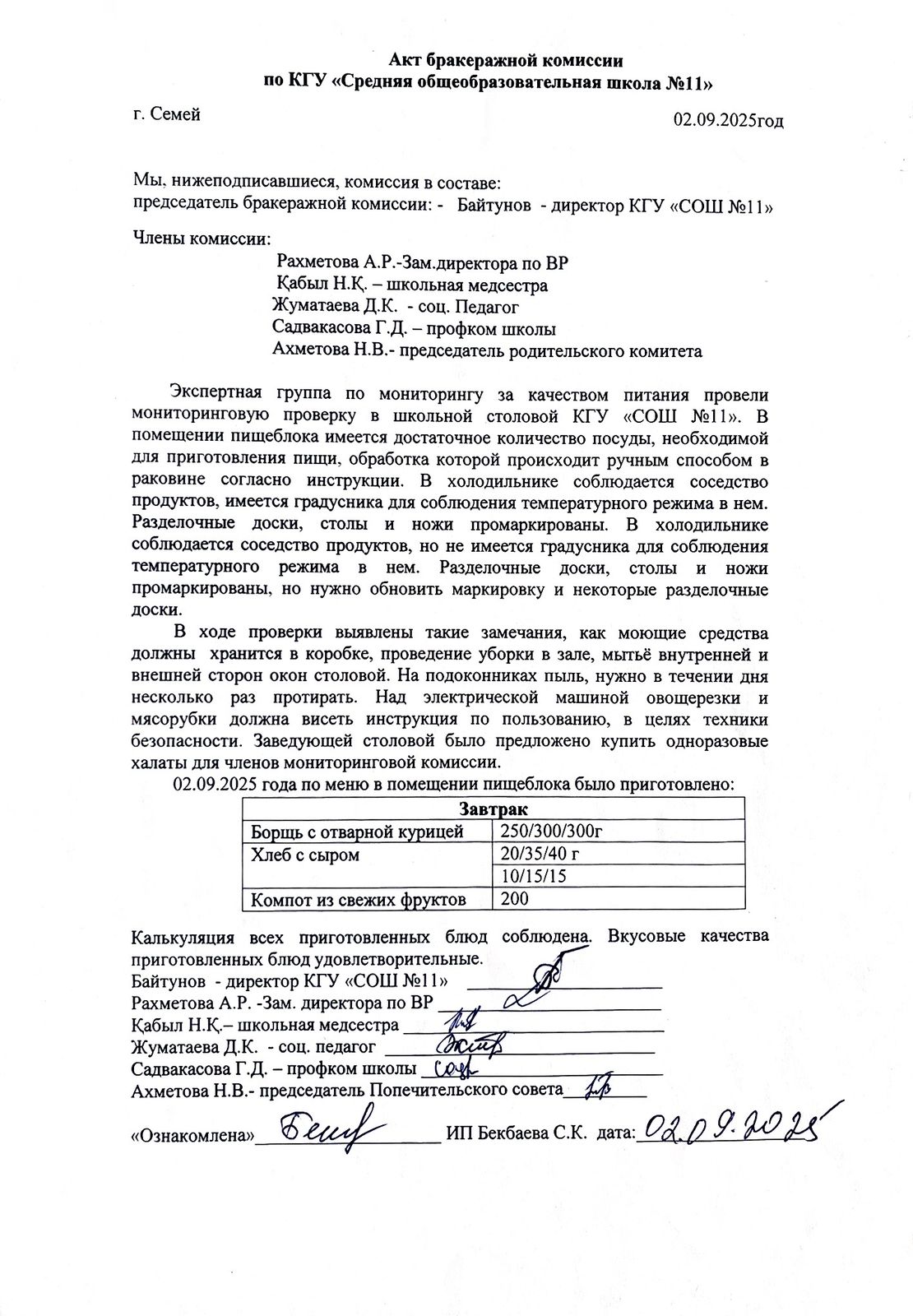 АКТ бракеражной комиссии