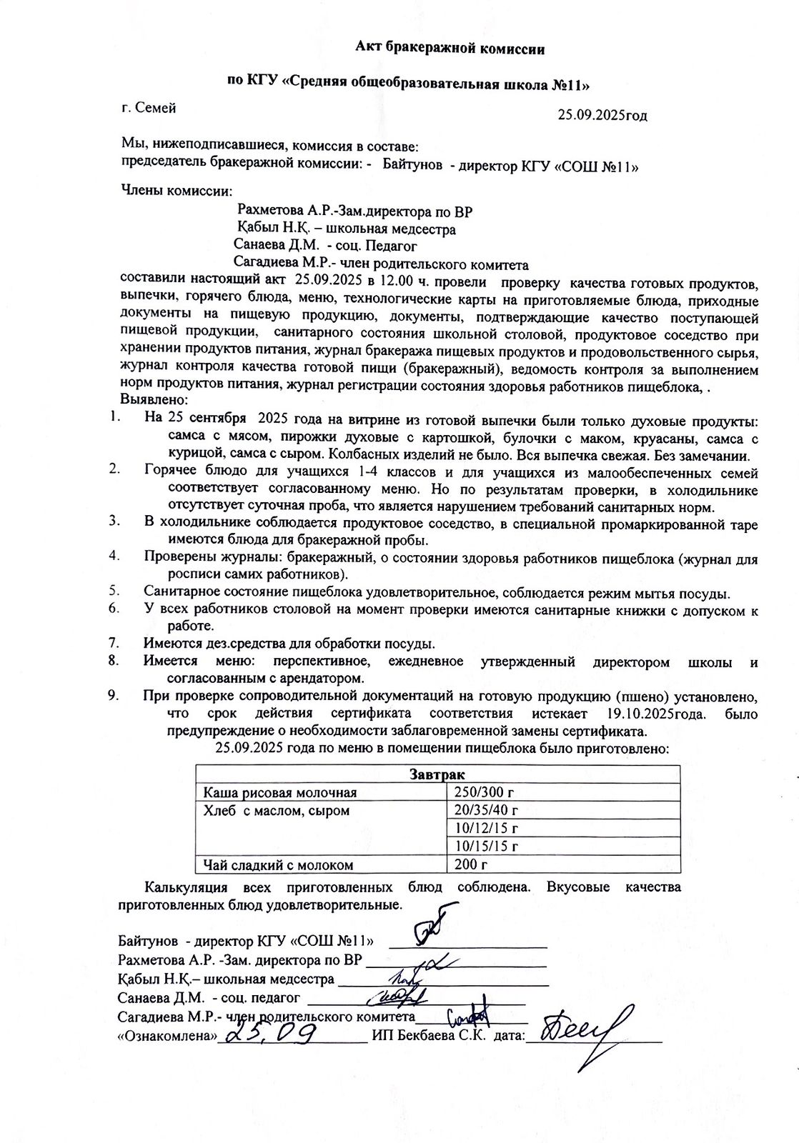 АКТ бракеражной комиссии